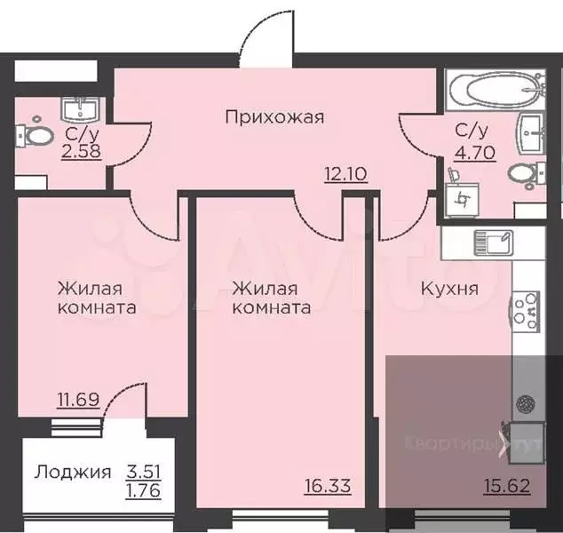 2-к. квартира, 64,8 м, 2/18 эт. - Фото 0