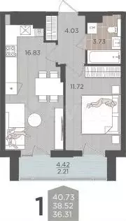 1-к. квартира, 38,5 м, 6/9 эт. - Фото 1