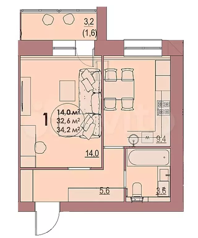 1-к. квартира, 34,2 м, 3/8 эт. - Фото 1