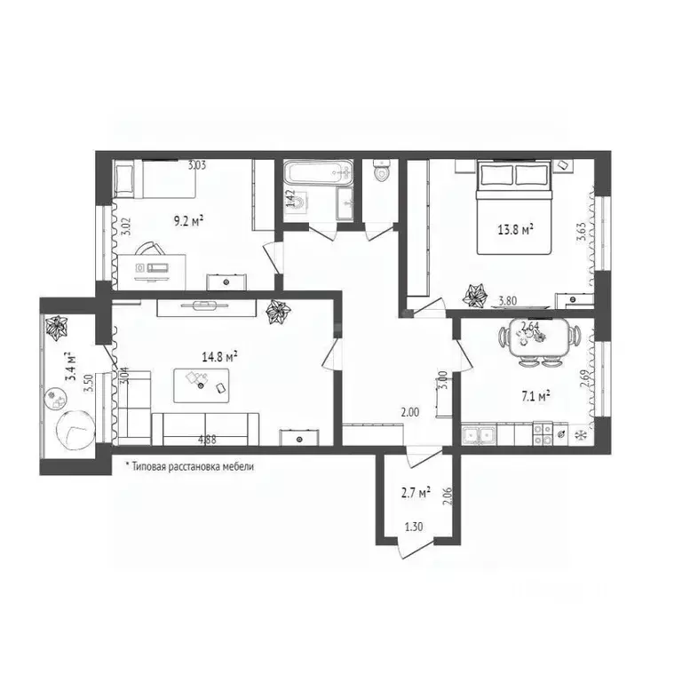 3-к кв. Тюменская область, Тюмень Курортная ул., 53 (60.0 м) - Фото 2