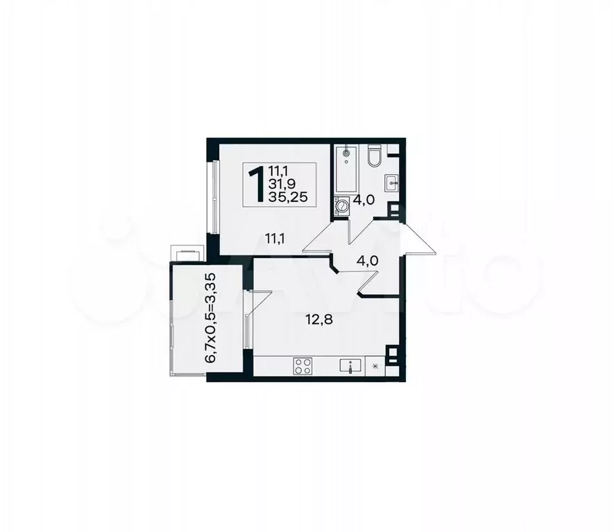 1-к. квартира, 35,3 м, 4/4 эт. - Фото 0