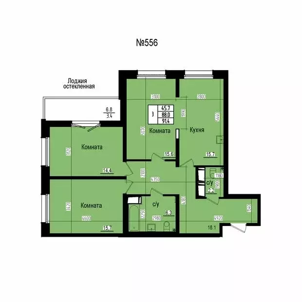 3-комнатная квартира: посёлок Парголово, Ольгинская дорога, 3/20 (91.4 ... - Фото 2