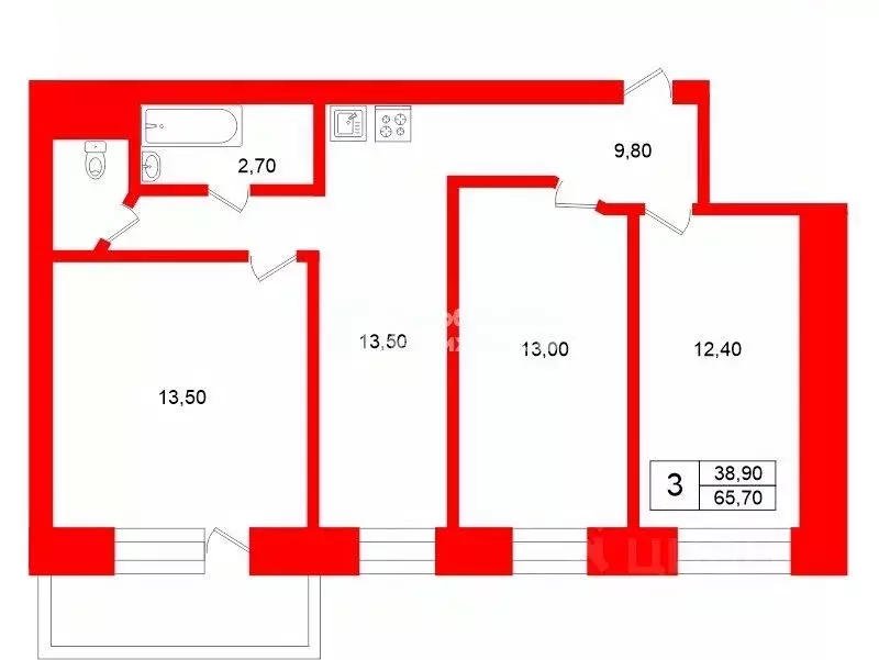 3-к кв. Санкт-Петербург ул. Яблочкова, 3 (65.7 м) - Фото 2
