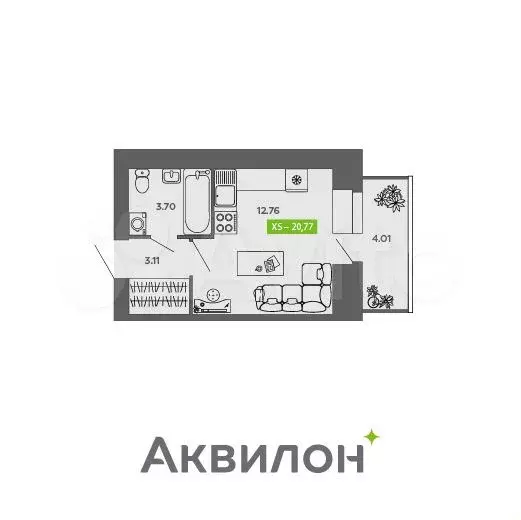 Квартира-студия, 20,8м, 6/9эт. - Фото 1