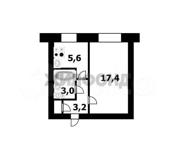 1-к. квартира, 30,2 м, 1/5 эт. - Фото 0