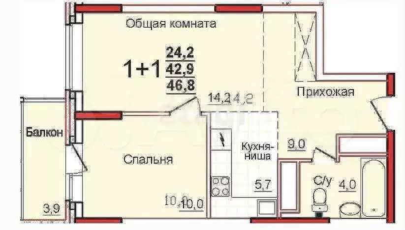 1-к. квартира, 44 м, 2/22 эт. - Фото 0