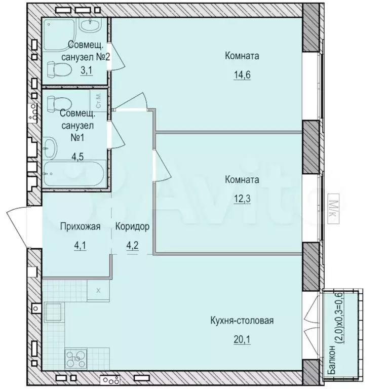 2-к. квартира, 62,9 м, 2/6 эт. - Фото 0