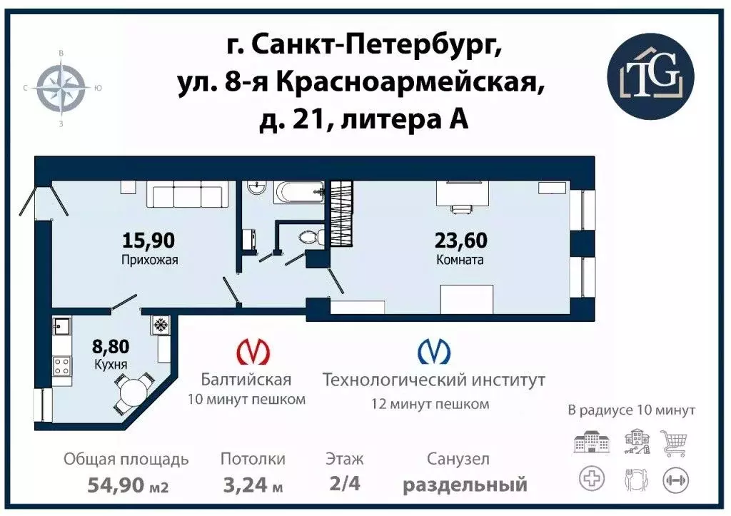2-к кв. Санкт-Петербург 8-я Красноармейская ул., 21 (54.9 м) - Фото 1