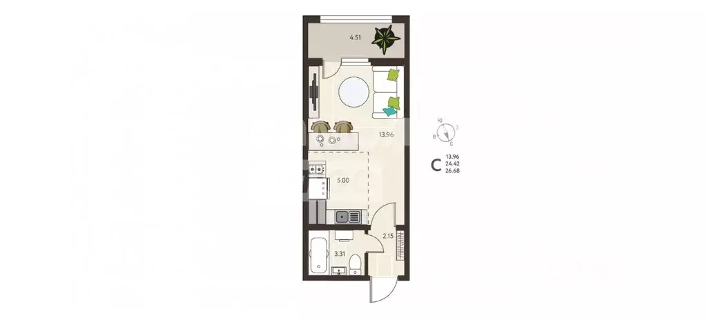 Студия Курская область, Курск ул. Энгельса, 115 (26.68 м) - Фото 2