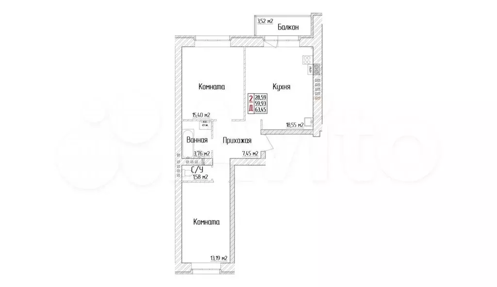 2-к. квартира, 63,5 м, 4/4 эт. - Фото 1