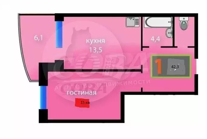 1-комнатная квартира: Тюмень, улица Монтажников, 43 (41.7 м) - Фото 1