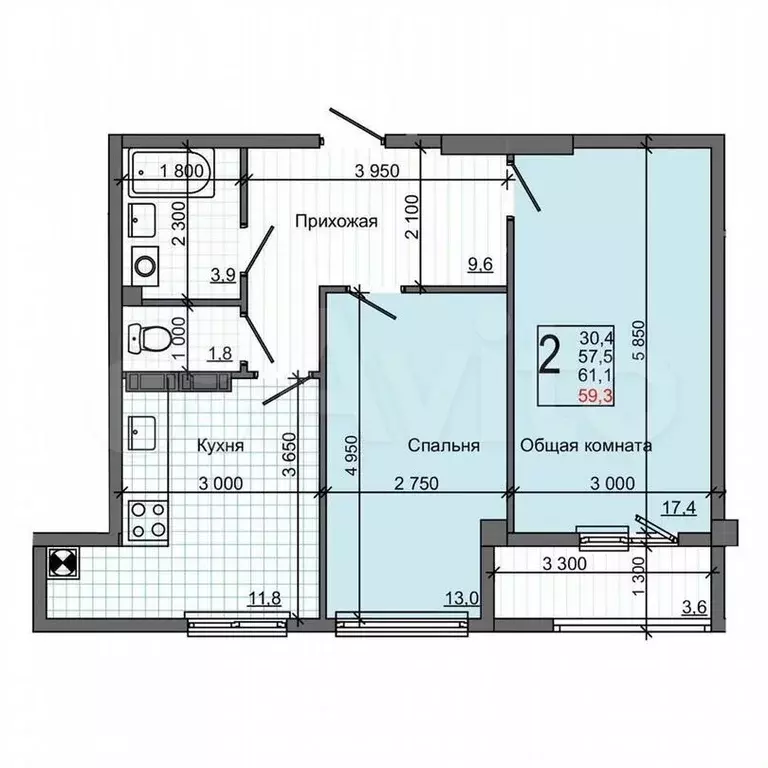 2-к. квартира, 61,2м, 8/9эт. - Фото 1