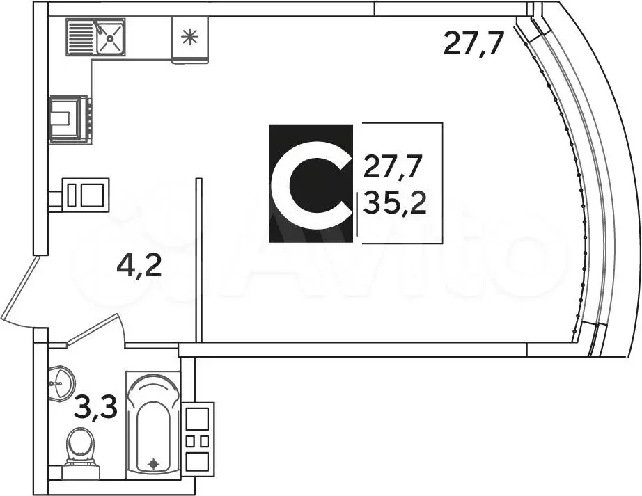 Квартира-студия, 35,2 м, 4/16 эт. - Фото 1