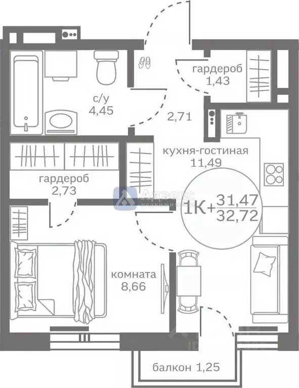 1-к кв. Тюменская область, Тюменский район, д. Патрушева, Меридиан Юг ... - Фото 1