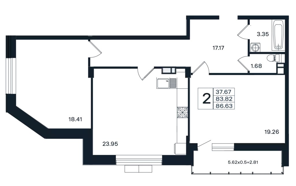 2-к квартира, 86.63 м - Фото 0