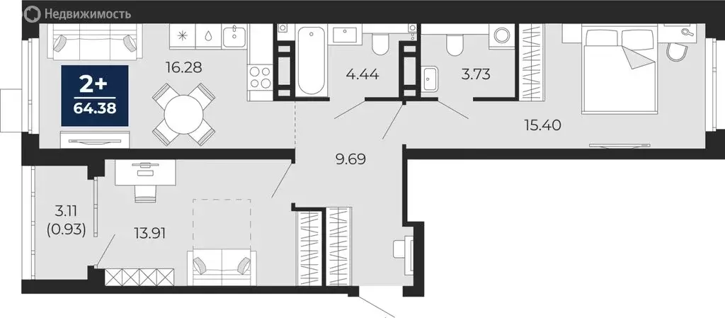 2-комнатная квартира: Тюмень, Арктическая улица, 16 (63.45 м) - Фото 0