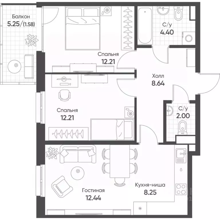3-к кв. Татарстан, Казань Квартал Сюита жилой комплекс (61.7 м) - Фото 1