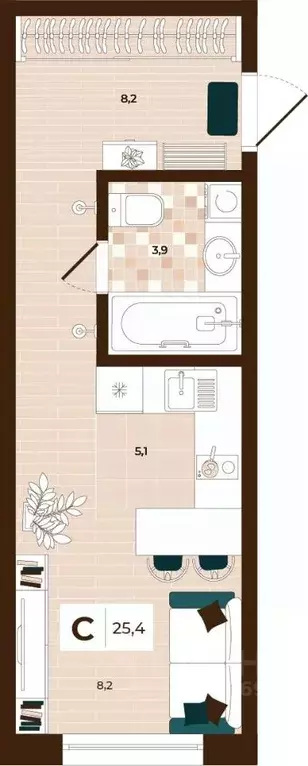 Студия Тульская область, Тула ул. Академика Насоновой, 3 (25.4 м) - Фото 1