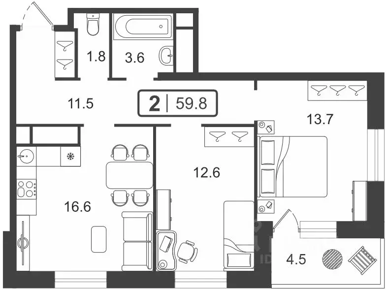 2-к кв. Тюменская область, Тюмень ул. Мельникайте, 2к19 (59.95 м) - Фото 0