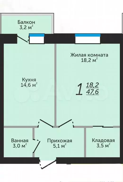 1-к. квартира, 47,6 м, 4/4 эт. - Фото 0