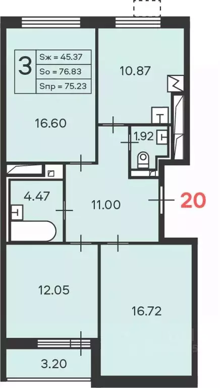 3-к кв. Москва Полярная ул., 16К1 (75.23 м) - Фото 2