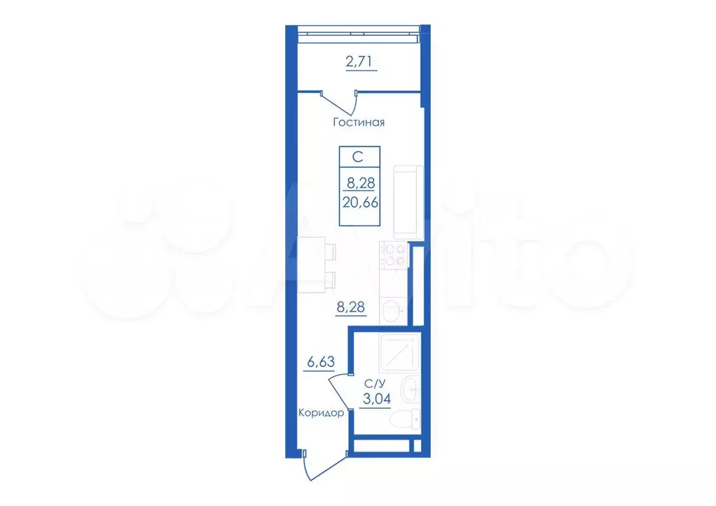 Квартира-студия, 20,7 м, 4/25 эт. - Фото 1