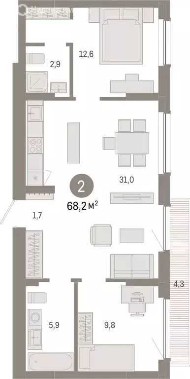 2-комнатная квартира: Новосибирск, квартал Лебедевский (68.2 м) - Фото 1