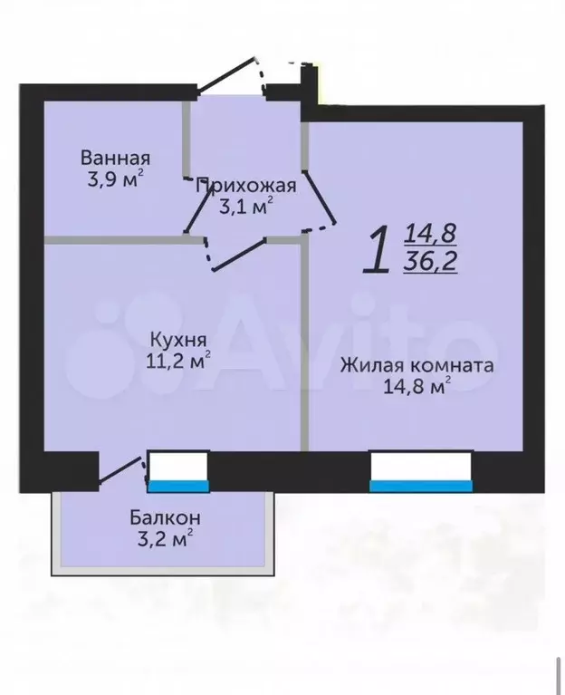 1-к. квартира, 36,2 м, 3/4 эт. - Фото 0