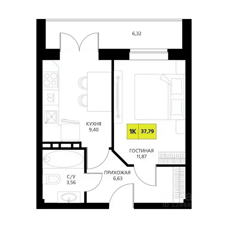 1-к кв. Дагестан, Дербент  (37.79 м) - Фото 1