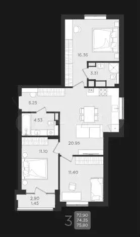 3-к. квартира, 74,4 м, 2/9 эт. - Фото 1