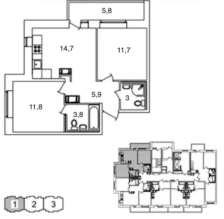 Квартира, 2 комнаты, 56.7 м - Фото 0