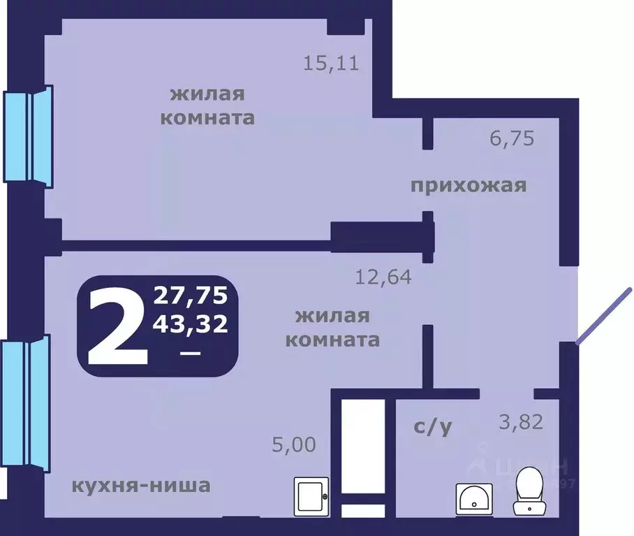 2-к кв. Красноярский край, Красноярск ул. Шевченко, 1 (43.32 м) - Фото 0