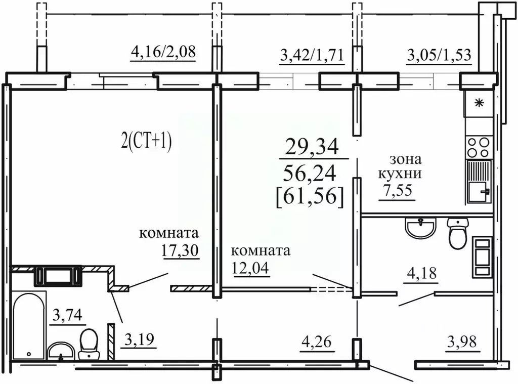 2-к кв. Челябинская область, Челябинск ул. Маршала Чуйкова, 30 (56.24 ... - Фото 1