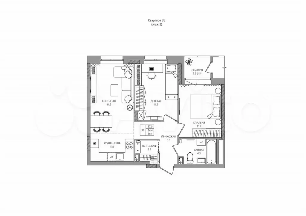 3-к. квартира, 55,7 м, 2/16 эт. - Фото 0