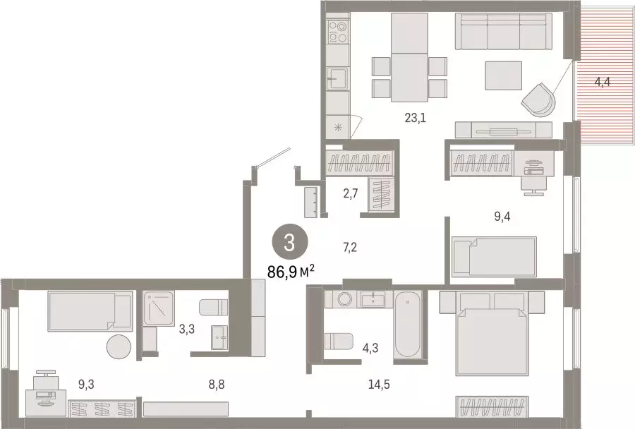 3-комнатная квартира: Омск, Кировский округ (86.9 м) - Фото 1