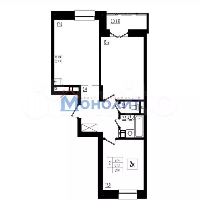 2-к. квартира, 59 м, 2/12 эт. - Фото 1