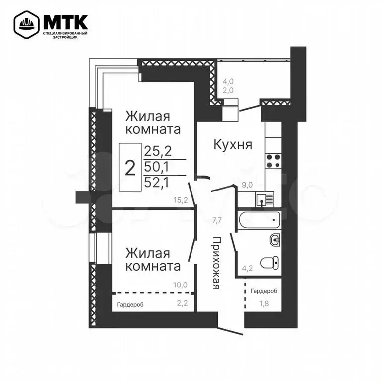 2-к. квартира, 52,1 м, 2/11 эт. - Фото 0