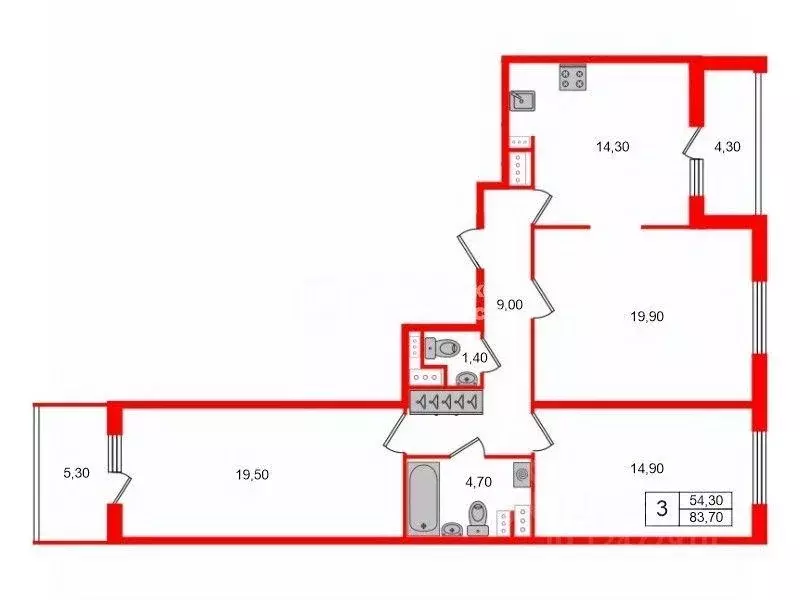 Квартира, 3 комнаты, 83.7 м - Фото 1