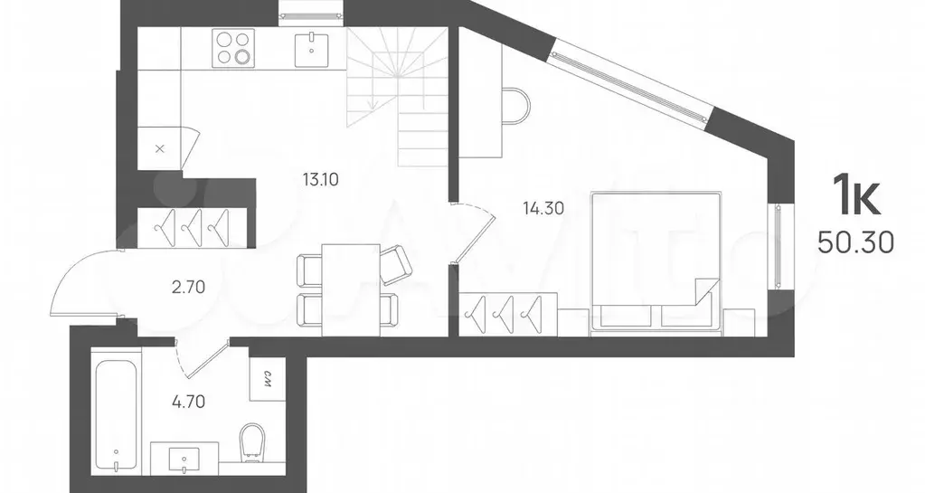 1-к. квартира, 50,3 м, 4/4 эт. - Фото 1