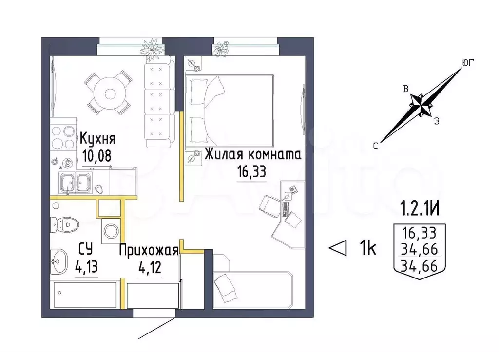 1-к. квартира, 34,4м, 2/9эт. - Фото 0