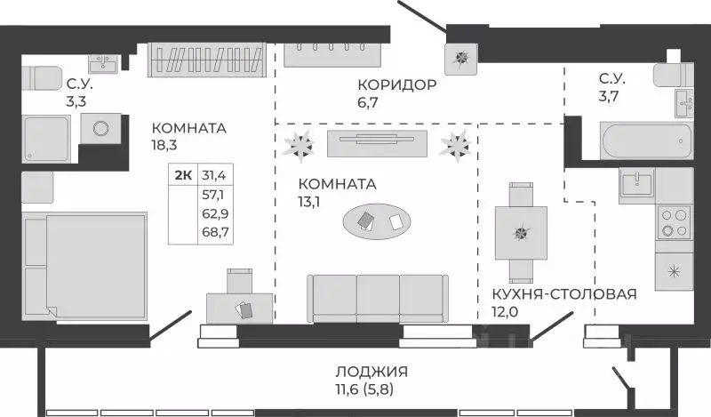 2-к кв. Алтайский край, Барнаул тракт Павловский, 251Б (62.9 м) - Фото 1