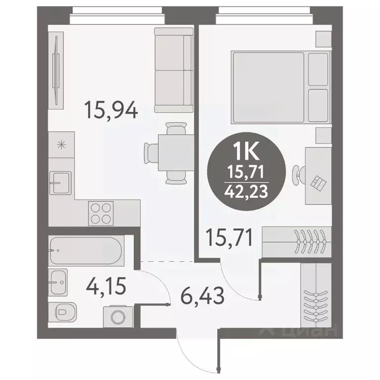 1-к кв. Новосибирская область, Новосибирск ул. Титова, 253/9 (42.23 м) - Фото 0