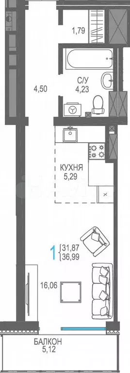 Квартира-студия, 37 м, 4/16 эт. - Фото 0