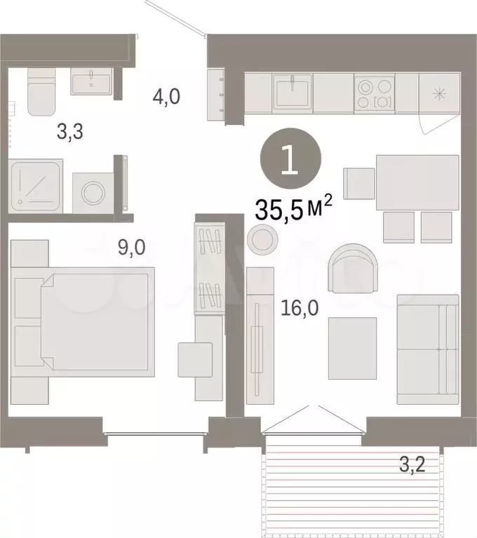 1-к. квартира, 35,5 м, 5/16 эт. - Фото 1