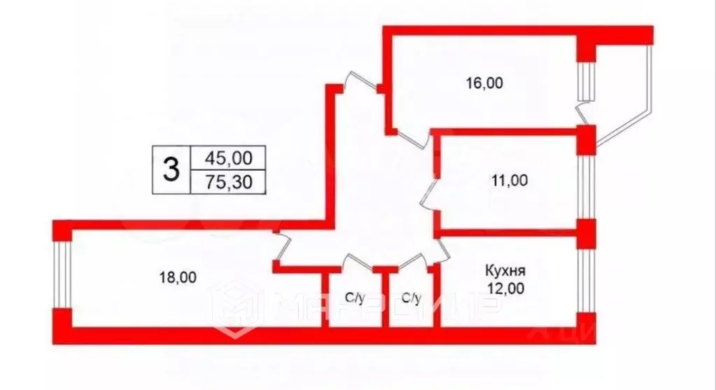 Квартира, 3 комнаты, 75.3 м - Фото 1