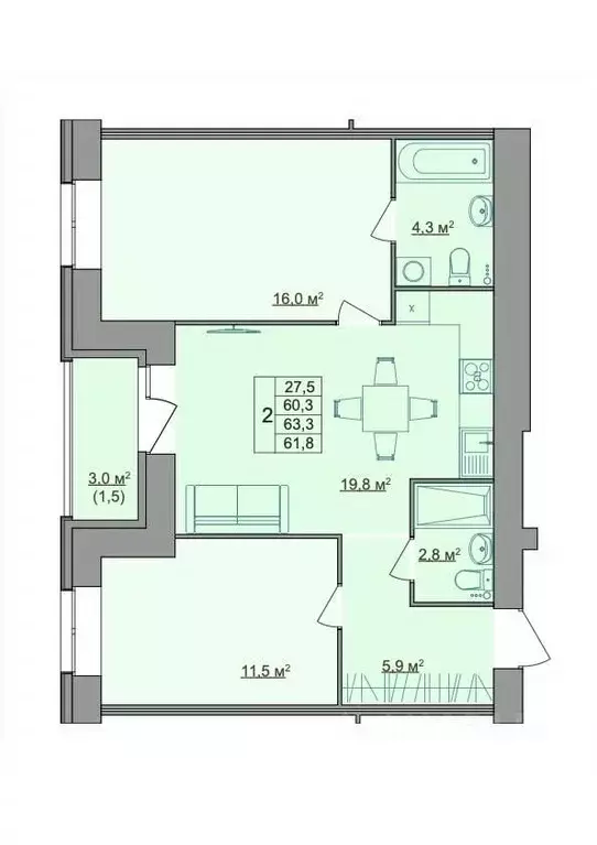 2-к кв. Костромская область, Кострома Магистральная ул., 49А (61.8 м) - Фото 1