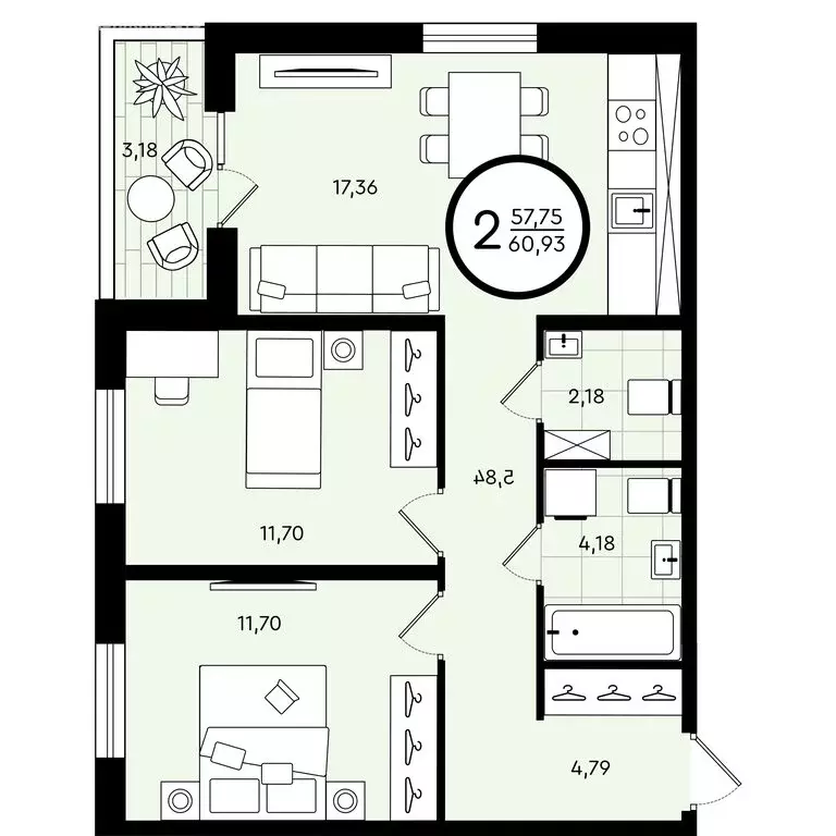 2-комнатная квартира: Тюмень, улица Александра Звягина, 6 (60.93 м) - Фото 0