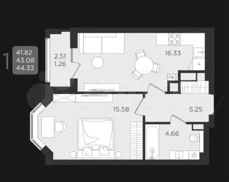 1-к. квартира, 43,1 м, 2/9 эт. - Фото 1