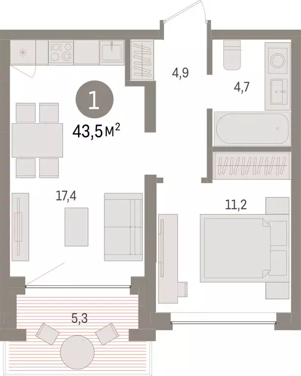 1-комнатная квартира: Тюмень, ЖК Дом у Озера (43.5 м) - Фото 1