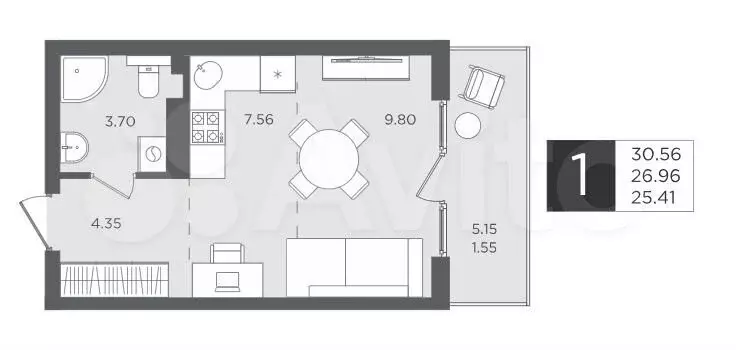 Квартира-студия, 27 м, 3/4 эт. - Фото 1